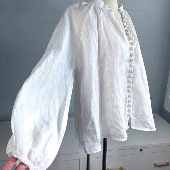 Lunar Fox White Linen Peasant Blouse Button Down Top Wide Sleeves L XL Hansel - Picture 7 of 14